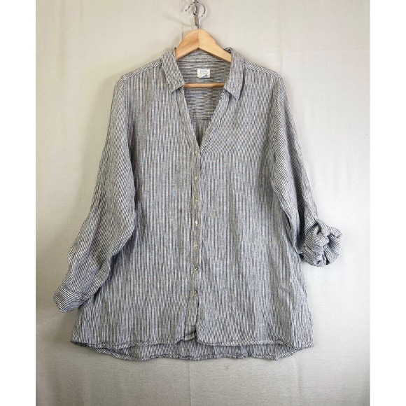 Sigrid Olsen Tops - Sigrid Olsen 100% Linen Striped Roll Tab Tunic Shirt Blue White Plus Size 1X